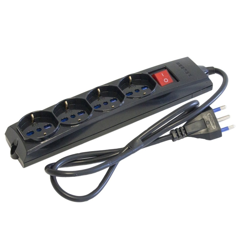 Multipresa nera 4 uscite Universali Schuko + Bivalenti. Cavo M.1,5