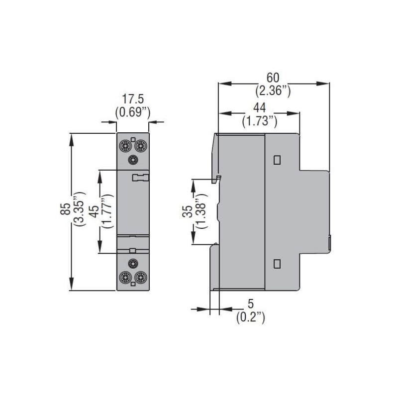 Dimensioni Contattore bipolare 2 NA Bobina 24V AC/DC 25A Lovato CN2020024