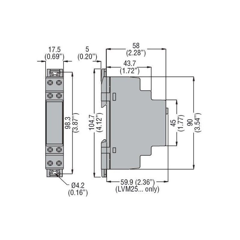 Dimensioni KIT RELE' LIVELLO 1 MODULO+2 SONDE 24/240  LOVATO LVMKIT25