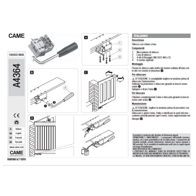 Sblocco con chiave a Leva CAME CMC 001A4364