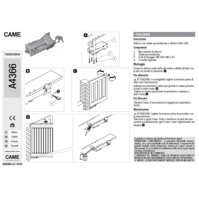 Sblocco con chiave personalizzata e cilindro EURO-DIN CAME CMC 801XA-0030