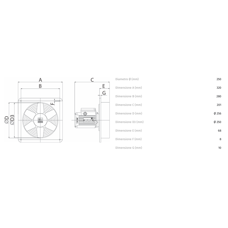 Aspiratore Elicoidale Industriale 220V 250mm con Portata di 1000Mc/h Vortice E254M