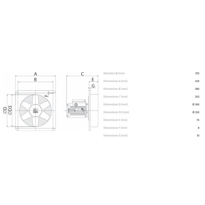 Aspiratore Elicoidale Industriale 220V 350mm con Portata di 1850Mc/h Vortice E354M