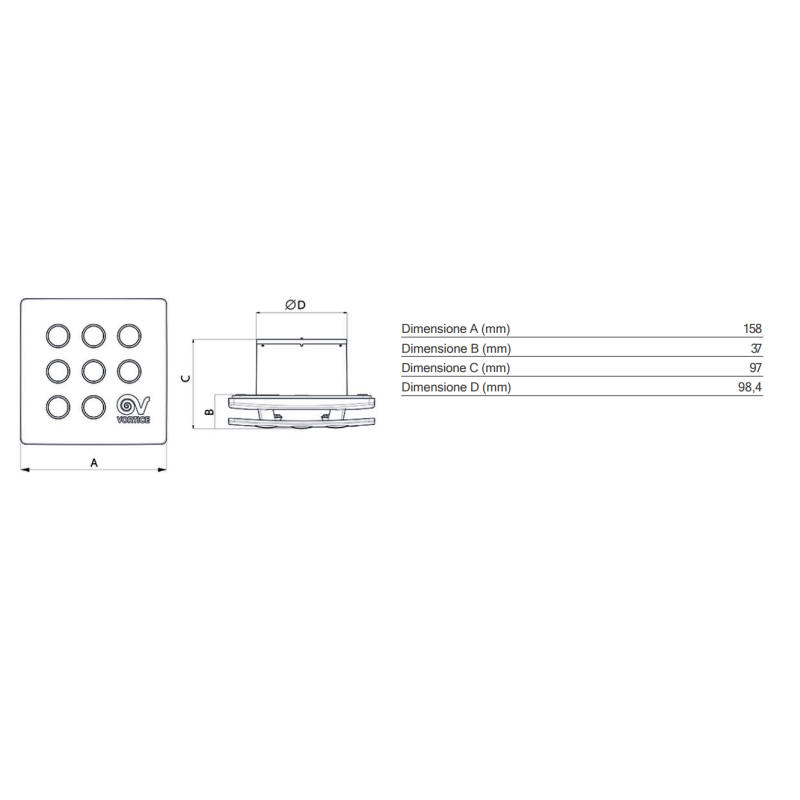 Dimensioni aspiratore diametro 100 elicoidale con timer da muro PUNTO FILO MFO 100/4" T Vortice 11146