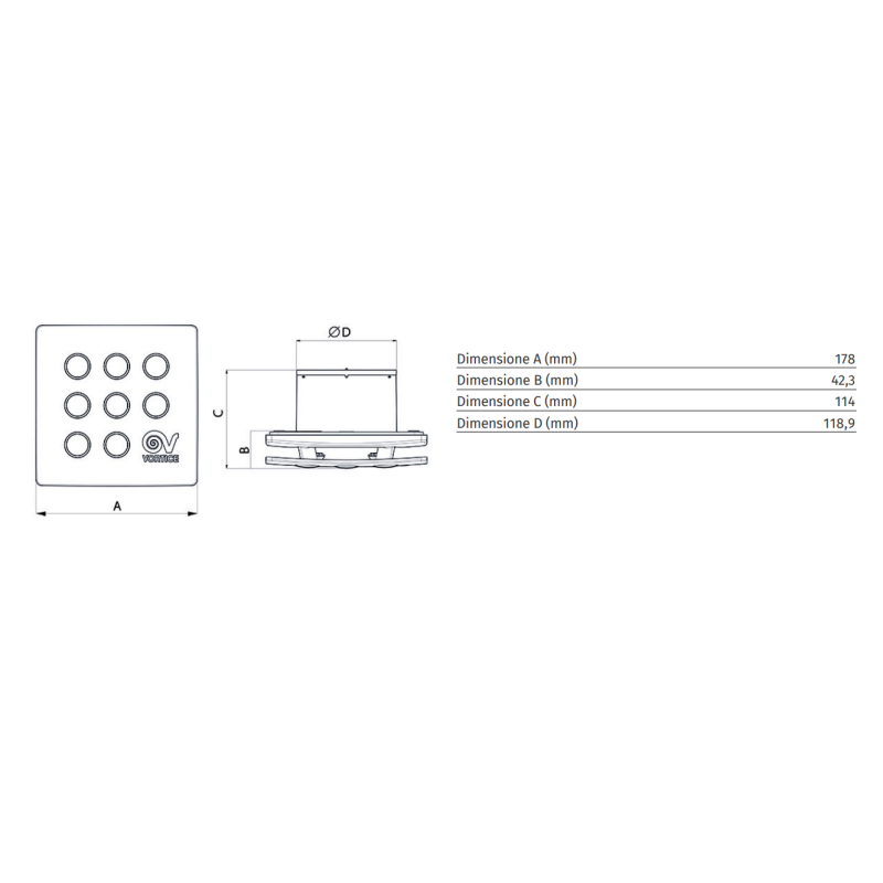 Dimensioni Aspiratore diametro 120 elicoidale con timer da muro PUNTO FILO MFO 120/5" T Vortice 11148