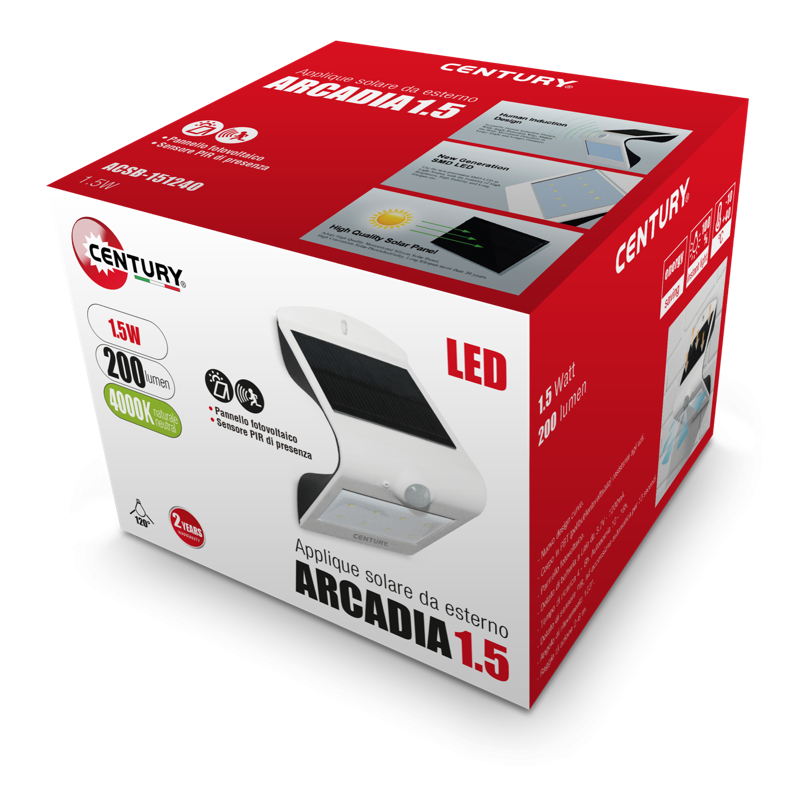 Applique Led 1,5W 4000°K Luce Naturale con Pannello Solare per Esterno Century Arcadia1.5 ACSB-151240