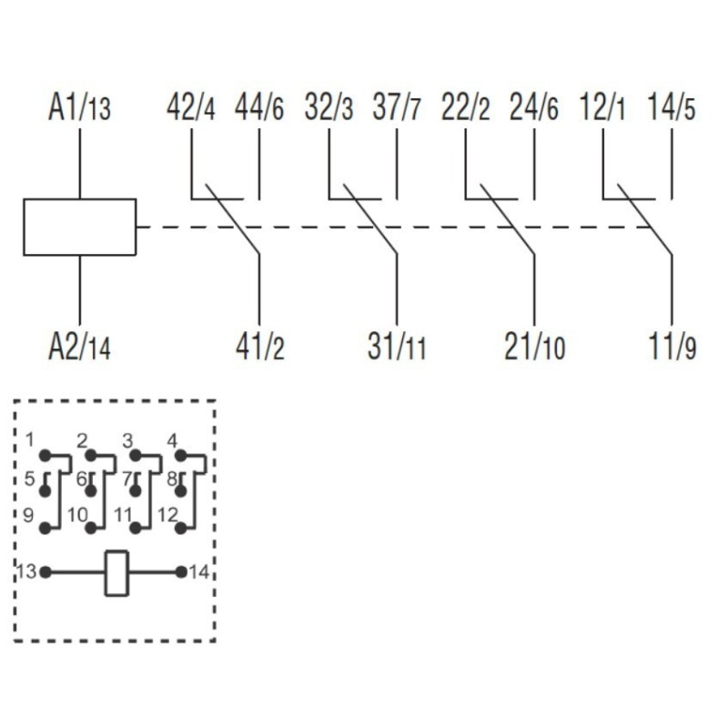 Rele' 4 Scambi con azionatore meccanico e led 5A bobina 230V AC Lovato HR604CA230 schema elettrico
