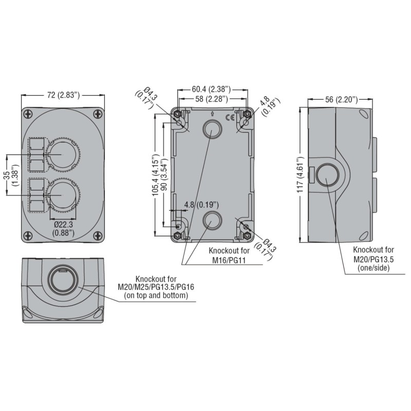 Contenitore per 2 operatori e segnalatori Lovato coperchio grigio LPZP2A8 dimensioni