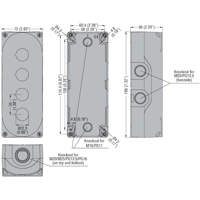 Contenitore per 4 operatori e segnalatori Lovato coperchio grigio LPZP4A8 dimensioni