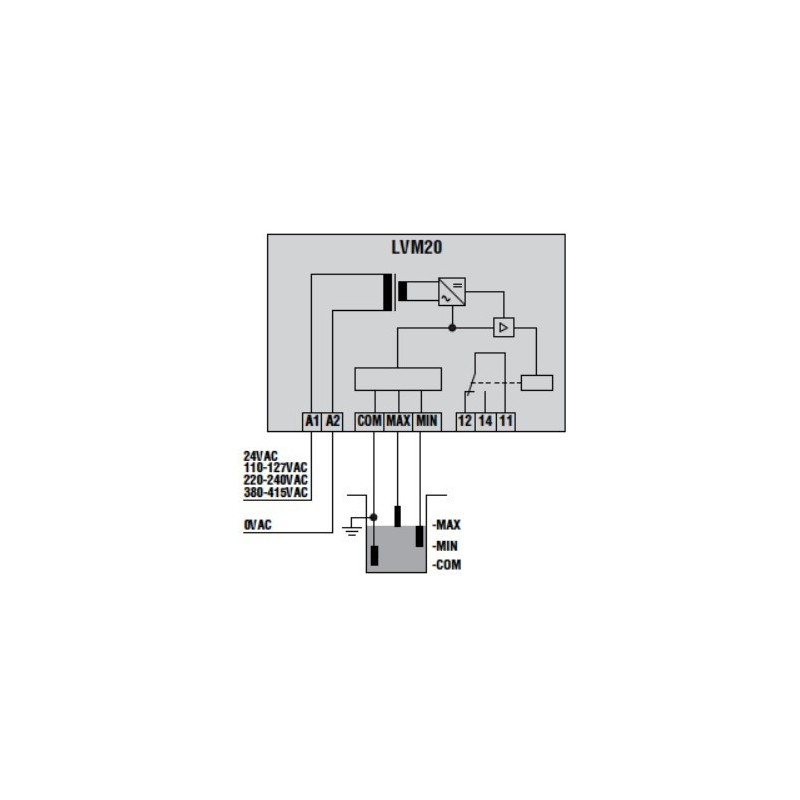 Rele' di livello monotensione a ripristino automatico Lovato LVM20A240 schema elettrico
