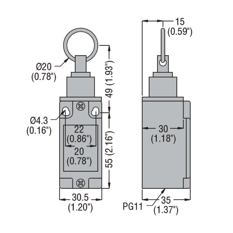 Finecorsa a fune 1NO+1NC per arresto semplice Lovato RS11310 dimensioni