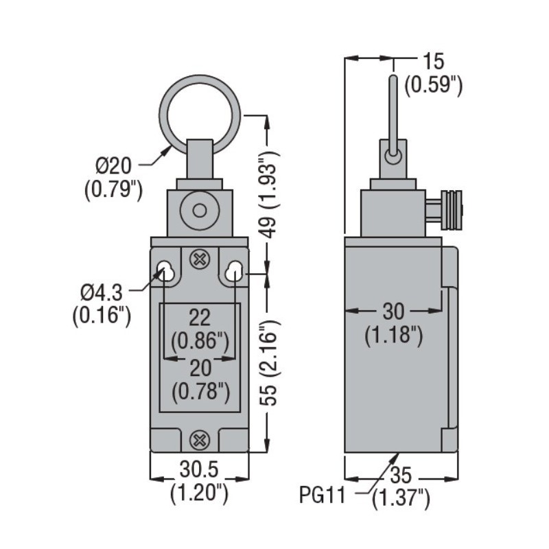 Finecorsa a fune 1NO+1NC con pulsante di riarmo trazione 25N Lovato  RS131310 dimensioni