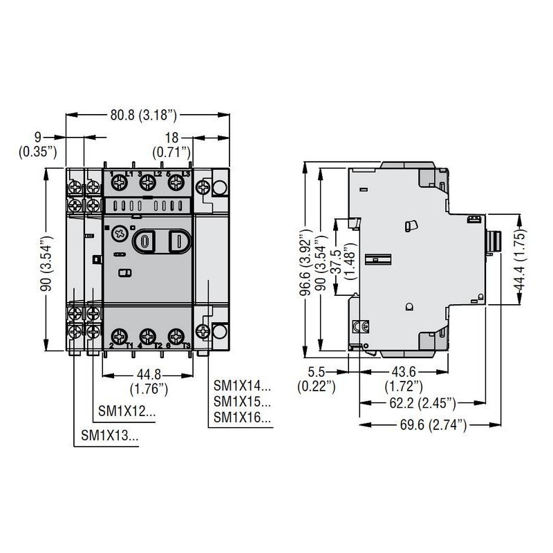 Dimensioni Salvamotore Lovato con regolazione termica 0,4...0,63A SM1P0063