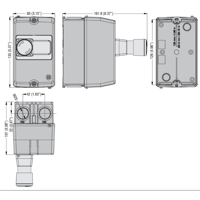 Contenitore IP65 con pulsante di arresto per salvamotore serie SM1P Lovato SM1Z1702P dimensioni