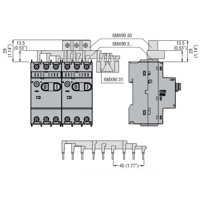 Barra di allacciamento per 5 Salvamotore SM1P Lovato 11SMX9035 dimensioni e schema