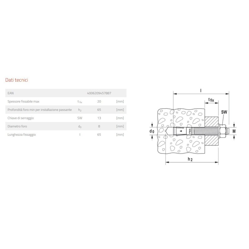 Tassello in acciaio Fischer FWA 8x65 dimensioni
