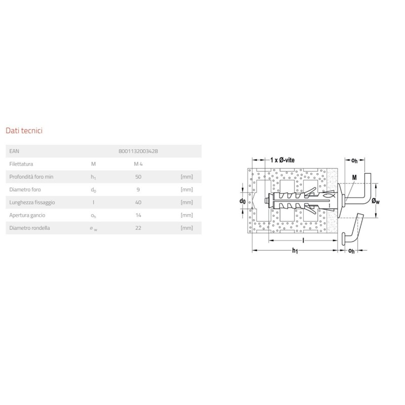 Tassello con gancio medio Fischer SB92 dimensioni