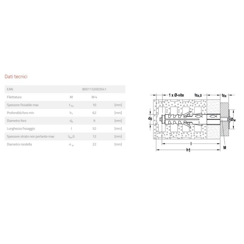 Tassello con distanziale e vite a taglio combinato Fischer SB 9 L4 misure
