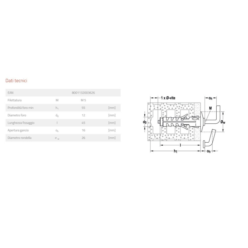 Tassello con gancio medio Fischer SB122 misure