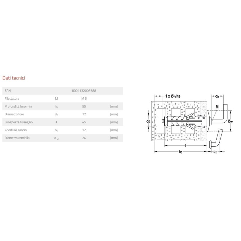 Tassello con gancio corto Fischer SB128 misure