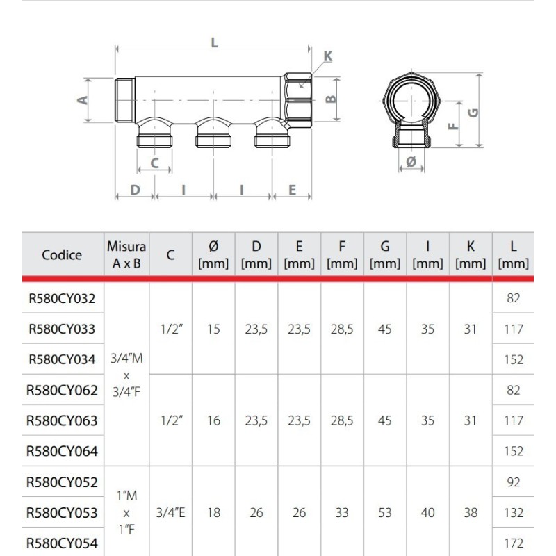 Collettore 3 Stacchi 1/2" con adattatore da 16 3/4 Giacomini R580CY063