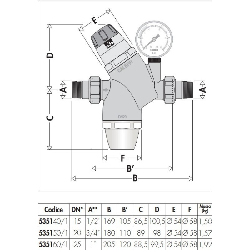 Riduttore di pressione acqua 1/2" cartuccia estraibile Caleffi 535041