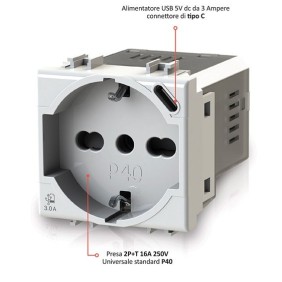 Presa Schuko/Bipasso + alimentatore USB da 3 A  per Bticino Matix 4Box 4B.AM.P40.USB