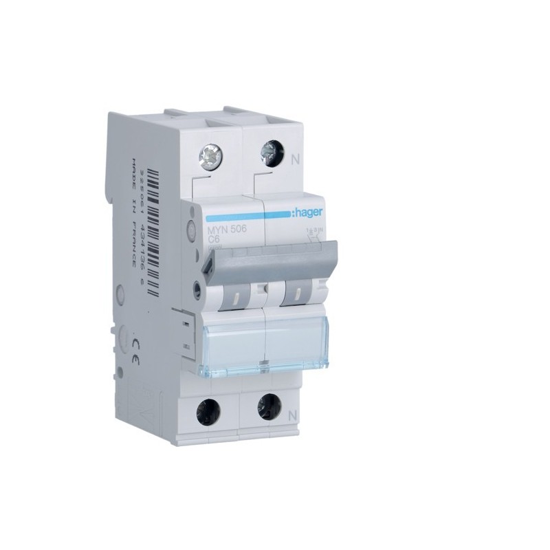Magnetotermico 1 Polo+N 6A 4,5KA C 2 Moduli Hager MYN506