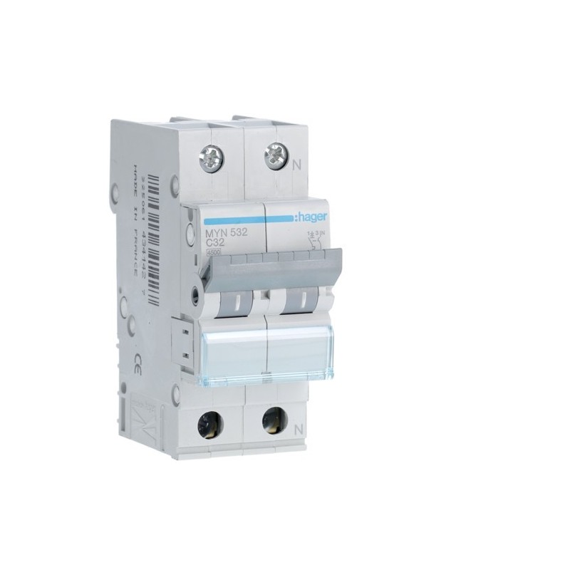 Magnetotermico 1 Polo+N 32A 4,5KA C 2 Moduli Hager MYN532
