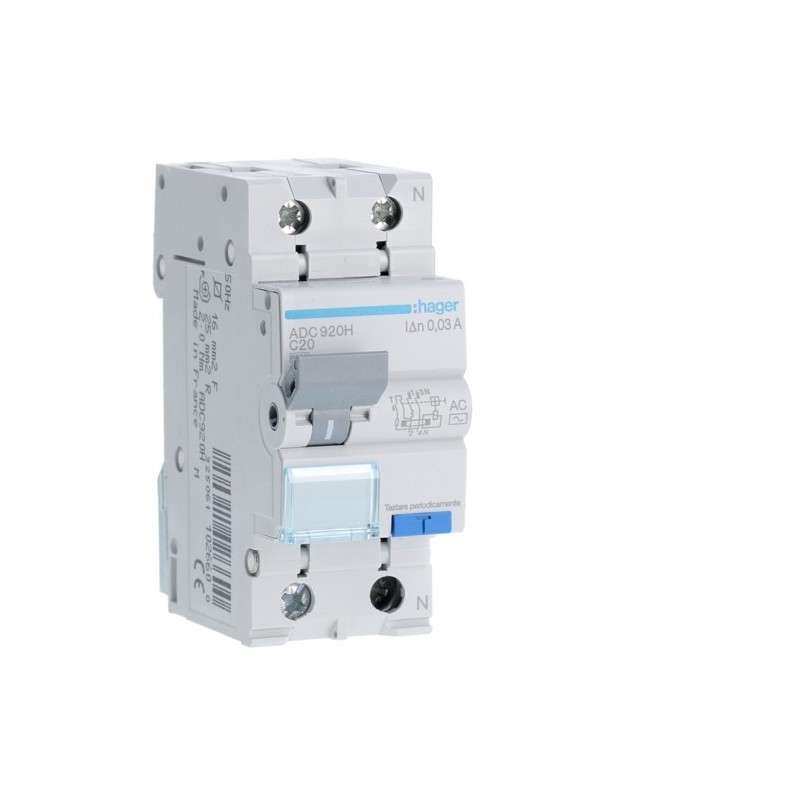 Magnetotermico Differenziale 1 Polo+N 20A 30MA AC 6KA Hager ADC920H