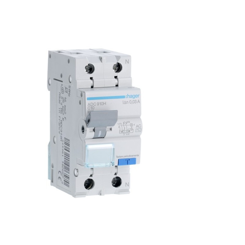 Magnetotermico Differenziale 1 Polo+N 10A 30MA AC 6KA Hager ADC910H