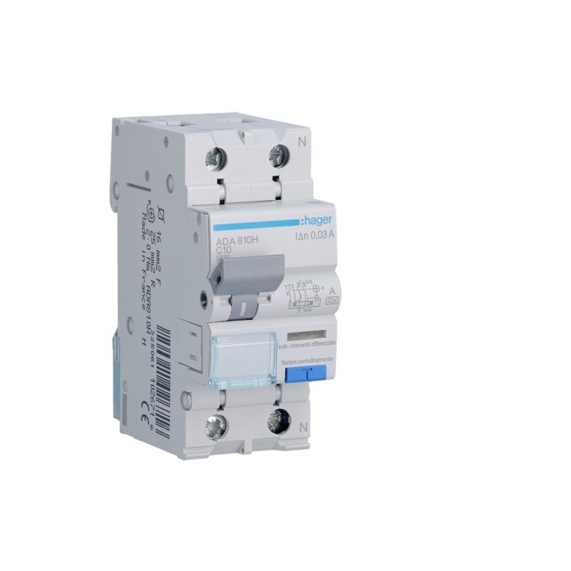 Magnetotermico Differenziale 1 Polo+N 10A 30MA A 4,5KA Hager ADA810H