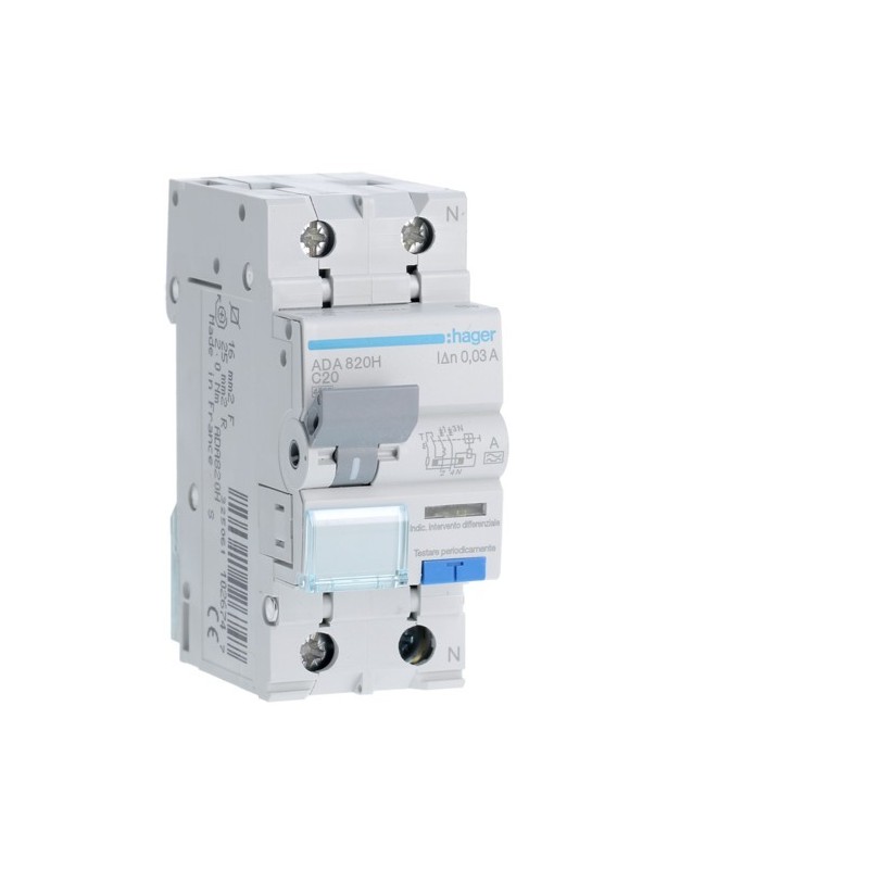 Magnetotermico Differenziale 1 Polo+N 20A 30MA A 4,5KA Hager ADA820H