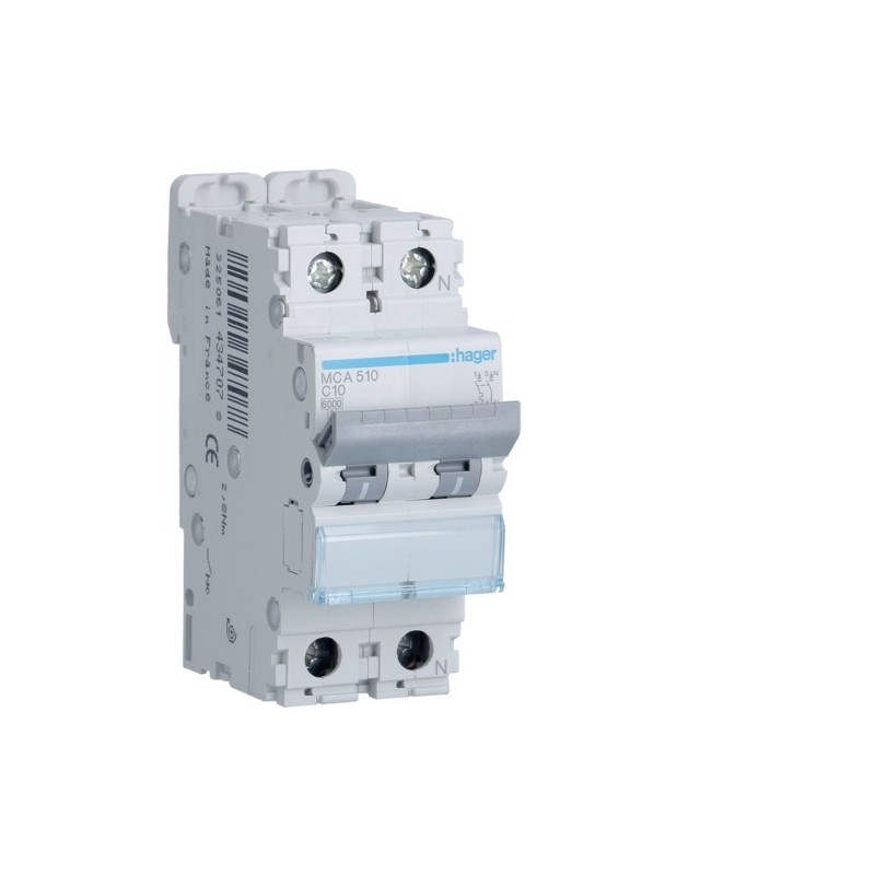 Magnetotermico 1 Polo+N 10A 6KA C 2 Moduli Hager  MCA510