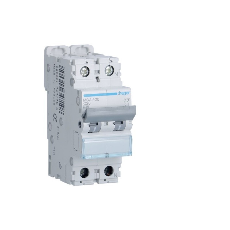 Magnetotermico 1 Polo+N 20A 6KA C 2 Moduli Hager MCA520