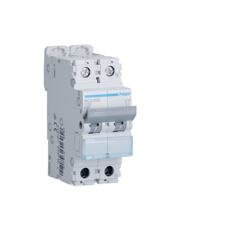 Magnetotermico 1 Polo+N 32A 6KA C 2 Moduli Hager MCA532