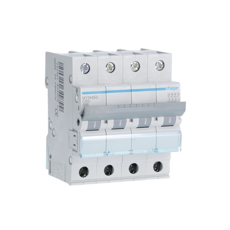 Magnetotermico 4 Poli 50A 4,5KA C 4 Moduli Hager MYN450