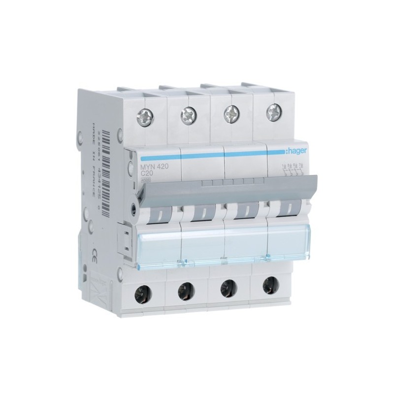 Magnetotermico 4 Poli 20A 4,5KA C 4 Moduli Hager  MYN420