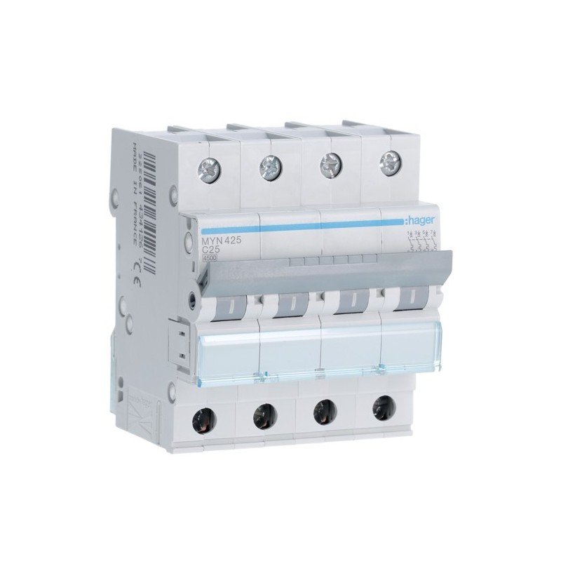 Magnetotermico 4 Poli 25A 4,5KA C 4 Moduli Hager  MYN425