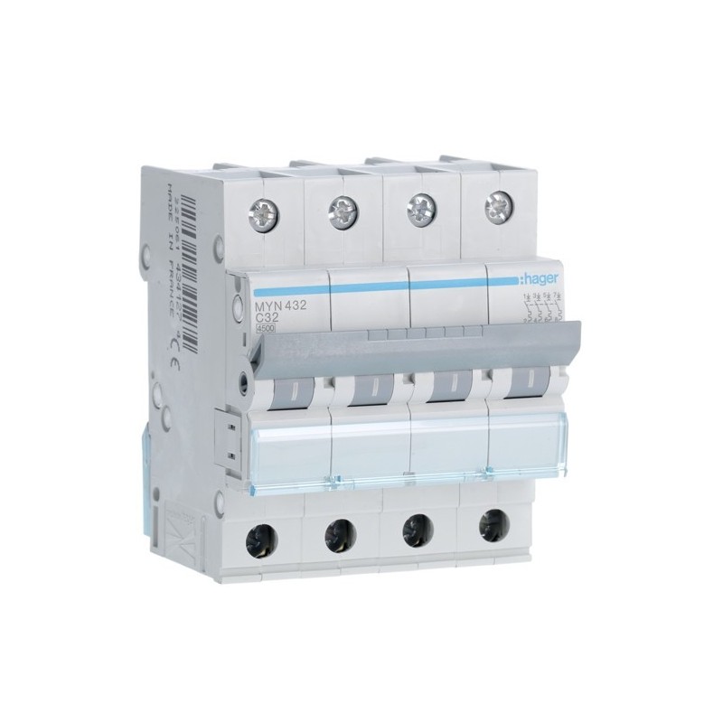 Magnetotermico 4 Poli 32A 4,5KA C 4 Moduli Hager  MYN432