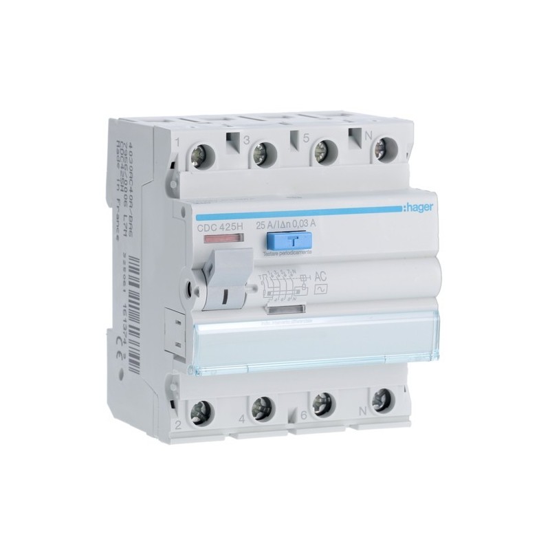 Differenziale Puro 4 Poli 25A 30MA AC 4 Moduli accessoriabile Hager  CDC425H