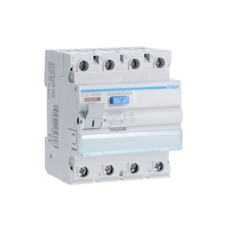 Differenziale Puro 4 Poli 63A 30MA AC 4 Moduli  accessoriabile Hager  CDC463H