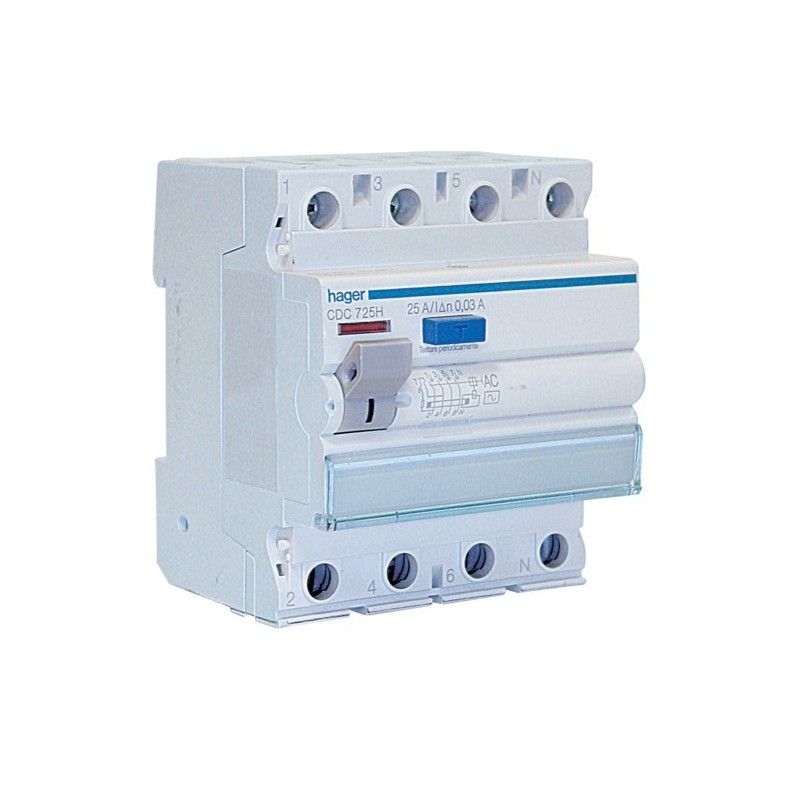 Differenziale Puro 4 Poli 25A 30MA AC 4 Moduli non accessoriabile Hager  CDC725H