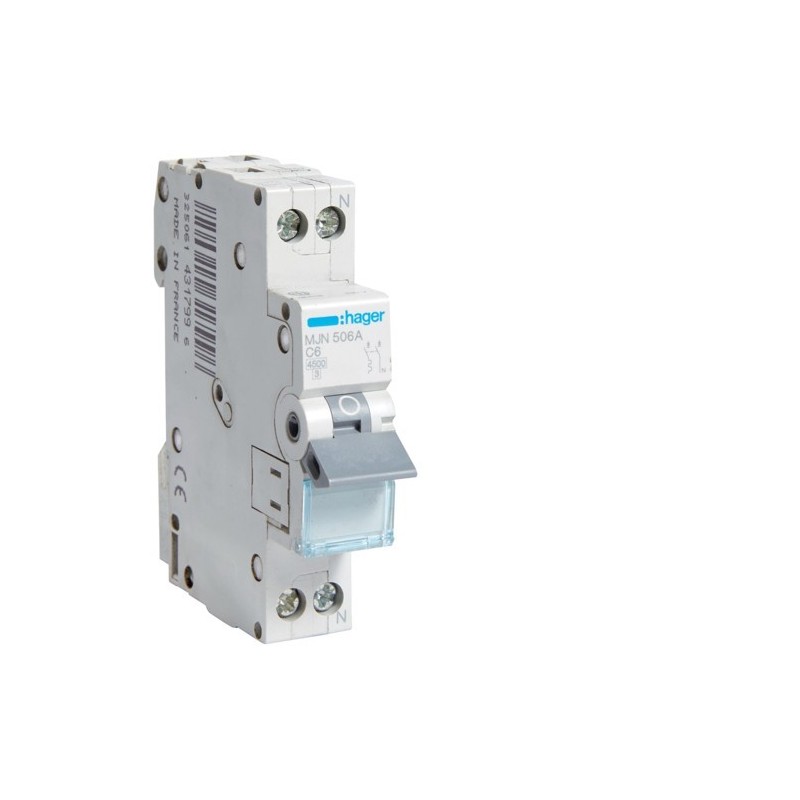 Magnetotermico 1 Polo+N 6A 4,5KA C 1 Modulo Hager  MJN506A