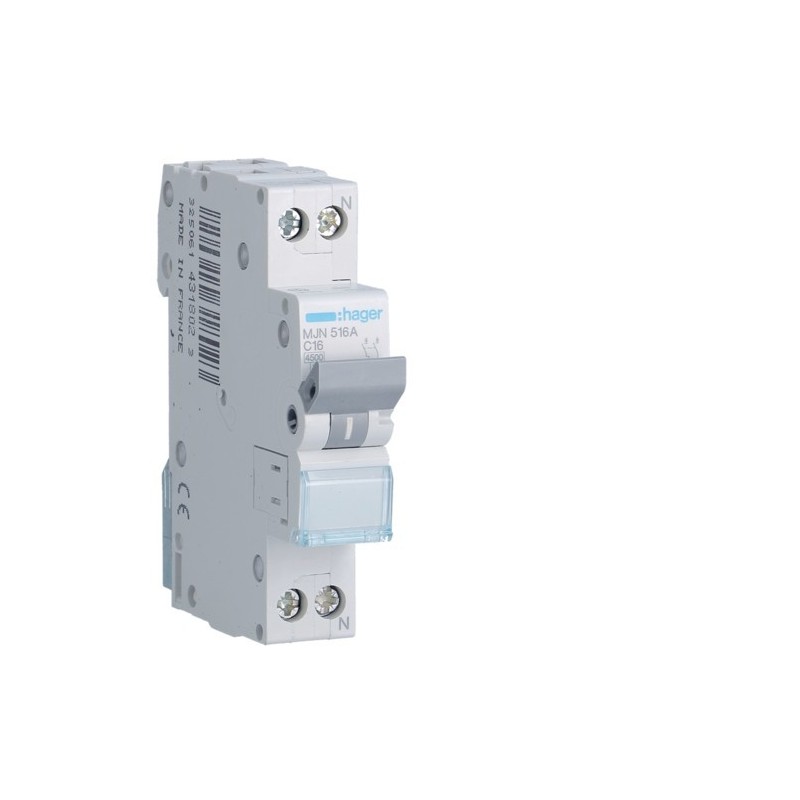 Magnetotermico 1 Polo+N 16A 4,5KA C 1 Modulo Hager  MJN516A