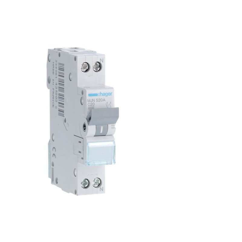 Magnetotermico 1 Polo+N 20A 4,5KA C 1 Modulo Hager  MJN520A