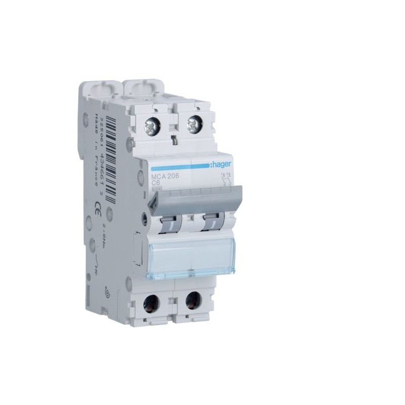 Magnetotermico 2 Poli 6A 6KA C 2 Moduli Hager  MCA206