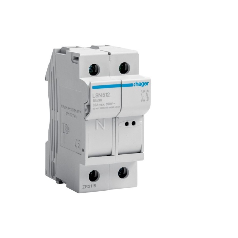 Portafusibile 10X38 1 Polo+N 2 Moduli Hager  LSN512