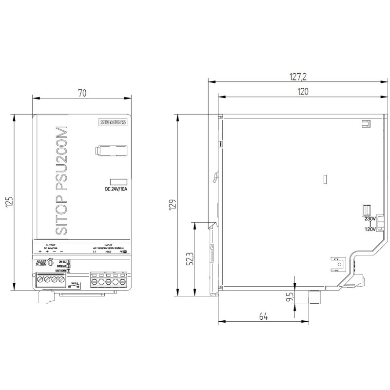 Alimentatore stabilizzato 120/230-500V DC 24V 10A Siemens 6EP13343BA10