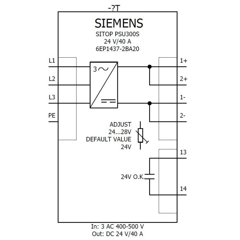 Alimentatore stabilizzato ingresso 3AC 400...500V uscitaDC 24V 20 A Siemens 6EP34368SB000AY0